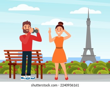 Man and Woman Couple Traveler Taking Photo with Eiffel Tower Engaged in Tourism Vector Illustration