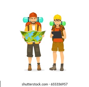 man and woman, couple travelers with backpacks looking at map and tablet for navigation 