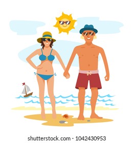 Man and woman couple vacation summer time on the beach sand tropical nature vector illustration.
