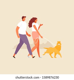 Man and woman couple walking with dog illustration