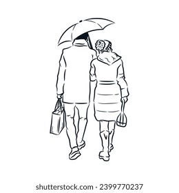 Una pareja de hombres y mujeres caminando con ropa de invierno y paraguas. Ilustración de dibujo vectorial de línea dibujada a mano