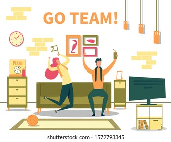 Man Woman Couple Watching Sport Football Match on TV Set Eating Pizza. Cartoon Husband and Wife, Boyfriend and Girlfriend Fans. Supporting People at Home. Go Team Lettering. Vector Flat Illustration