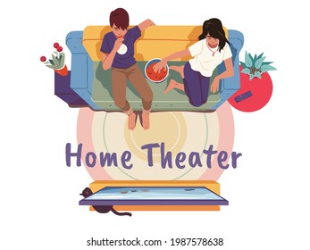 Man woman couple watching TV film together enjoying sitting on sofa. Family people watching movie at home, eating snacks, relaxing. Entertainment leisure flat vector character illustration