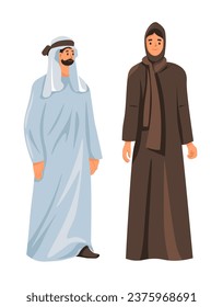 Ehepaare, die traditionelle Kleidung tragen, einzelne männliche und weibliche Figuren in langen Roben oder Kleider. Mädchen in Hijab, das Kopf und Füße bedeckt. Bärenkind in Kleidung. Vektorgrafik im Flachstil