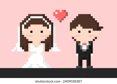 Man and Woman Couple in wedding dress and suit, bride and groom Icon, Pixel 8 bit style