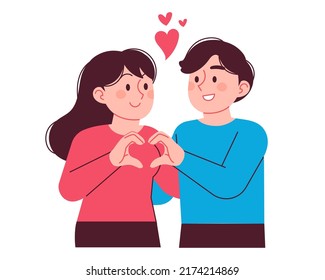 A man   woman couple who love each other  They draw hearts and each other's hands  Lovers character vector illustration 