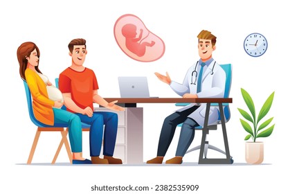 Man and woman couples consult pregnancy with doctor. Consultation and check up during pregnancy concept illustration. Vector cartoon character 