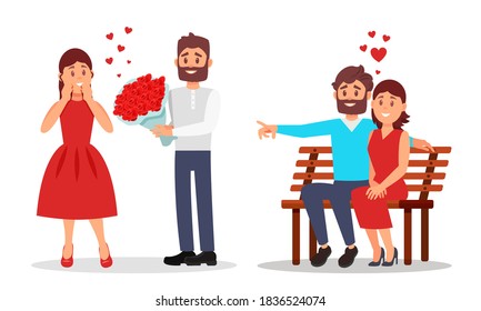 Man and Woman Couples Fallen in Love with Each Other Dating Vector Illustration Set