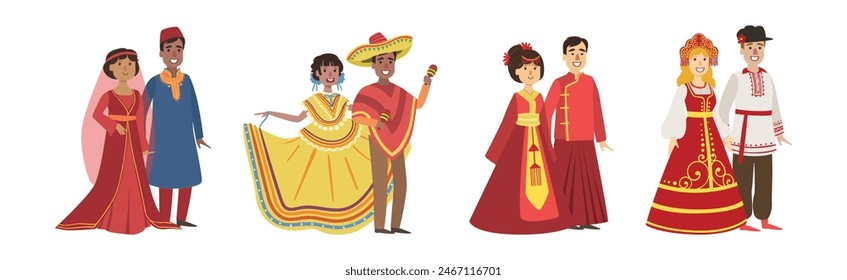 Man and Woman Couples in Folk Costume Vector Set