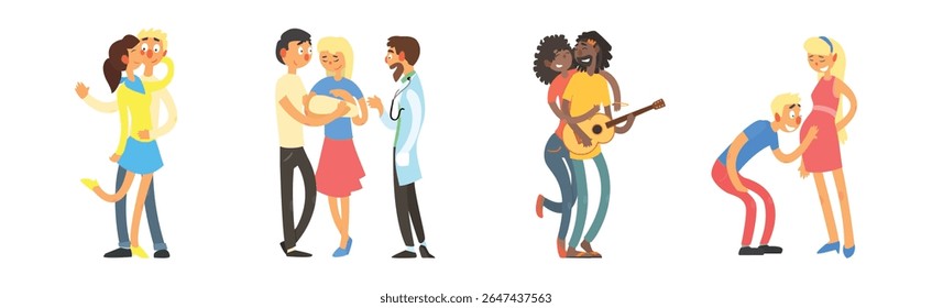 Man and Woman Couples Have Tender Relationship Vector Set