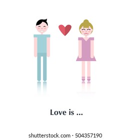 Man and woman couple.Vector people icon,pictogram.Concept of relationship,male,female,red,couple,over white and text Love is, in flat style