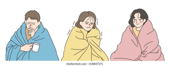 A Man And A Woman Are Covering The Blanket And Shivering In The Cold. Hand Drawn Style Vector Design Illustrations. 