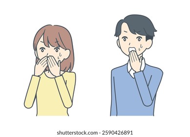 A man and woman covering their mouths in shock or surprise, expressing amazement or disbelief in a professional setting.