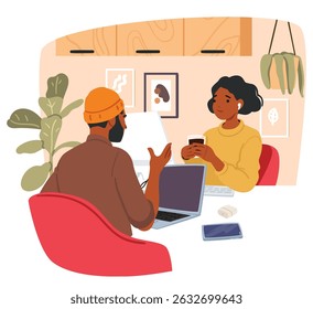 Homem e mulher colegas de trabalho personagens trabalhando juntos compartilhando aconchegante home office espaço interior cena cartoon. Diversos colegas de trabalho freelance discutindo ilustração vetorial de projeto de negócios on-line