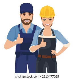 Man And Woman Craftsman With Protective Helmet. Male And Female Worker With Safety Helmet Illustration. Vector Illustration Isolated On White Background.