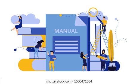 Man And Woman Create Document Book Manual. Business Handbook Advice Content Vector. Online Web Paper Digital Illustration Article Journalism. Social Marketing Blogging Design. Promotion Banner Guide