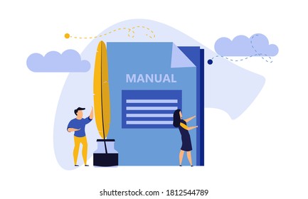 Man And Woman Create Document Book Manual. Business Handbook Advice Content Vector. Online Web Paper Digital Illustration Article Journalism. Social Marketing Blogging Design. Promotion Banner Guide