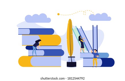 Man and woman create document book manual. Business handbook advice content vector. Online web paper digital illustration article journalism. Social marketing blogging design. Promotion banner guide