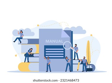 Man and woman create document book manual. Business handbook advice content vector. Online web paper digital illustration article journalism. Social marketing blogging design. Promotion banner guide