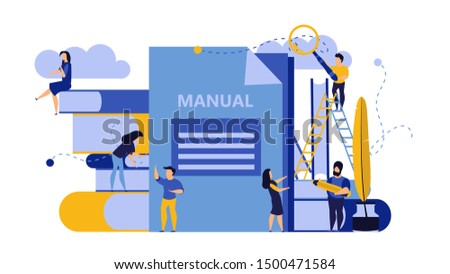 Man and woman create document book manual. Business handbook advice content vector. Online web paper digital illustration article journalism. Social marketing blogging design. Promotion banner guide