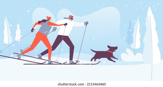 A man and a woman are cross country skiers and training with their dog. Skiing sport, outdoor activity and pets concept. Vector illustration.