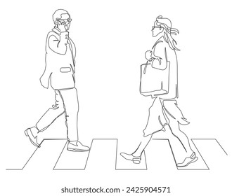 Man and woman crossing road with zebra pedestrian crosswalk. Man using phone and woman holding bag. Continuous line drawing. Vector illustration in line art style.