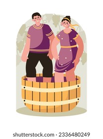 Man and woman crushing berries with feet in basket. Cartoon characters making wine. Wine production industry. Flat vector illustration in yellow and purple colors