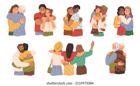 Man and woman cuddling, couple or family members. Vector boyfriend and girlfriend hugging, mom and kid with plush toy, friends and parent. People bonding and love expression. Flat cartoon characters