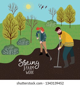 A man and a woman cultivate the land with a rake and hoe for planting.Vector illustration in cute flat style on background with nature landscape.