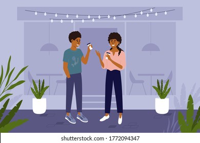 Man And Woman With Cup Of Coffee In Hands Stand On Street. Young Black People Have Small Talk Outside Cafe House. City Lifestyle, Break Of Work, Meeting Friends. Morning Ritual Vector Illustration.