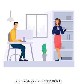 Man and woman with cup in office. Working break and talks. Flat cartoon style.
