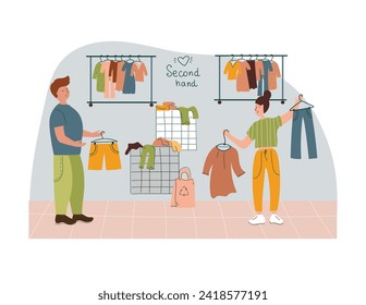 Hombre y mujer comprando ropa.  Pareja de compras en el mercadillo o tienda de segunda mano. Concepto de moda ecológicamente sostenible. Venta de garaje barata, tienda de segunda mano. Ilustración de dibujos animados de vector plano