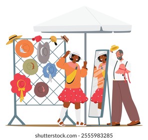 Man and woman customers cartoon characters selecting buying hats at garage sale or street flea market isolated scene. Weekend outdoor store with antique clothing accessories vector illustration