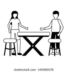 man and woman customers table and chairs vector illustration