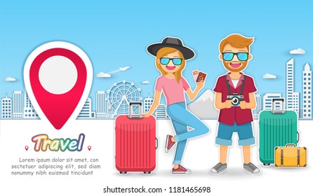 man and woman cute cartoon traveler with luggage on Background Camera photography and photo picture travel around the world concept blank space for text content paper art, vector, banner, Card, Poster