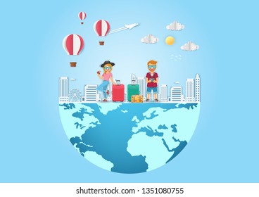 man and woman cute cartoon traveler with luggage isolate on white Background Camera photography and photo picture travel around the world concept blank space for text content paper art, vector, banner