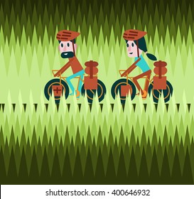 Man and woman cycling on greenfield road. Bike tour concept. flat design elements. vector illustration