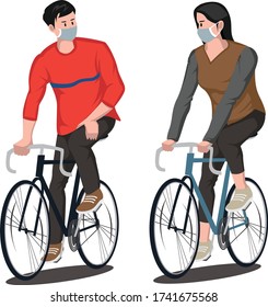 Man and woman cycling together while using medical mask