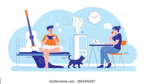 Man woman daily routine composition with home interior living room scenery and loving couple with dog vector illustration