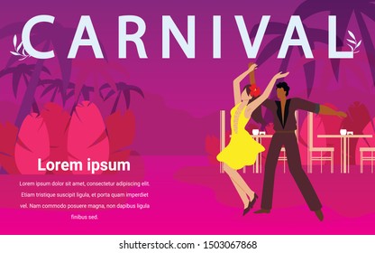 Man and Woman Dance Ballroom Dances at Carnival. Dancers Dance Incendiary Dances. Brazilian Dance Festival. Night Party. Country Cult.People Have Fun. Vector Illustration. Advertising Image with Text.