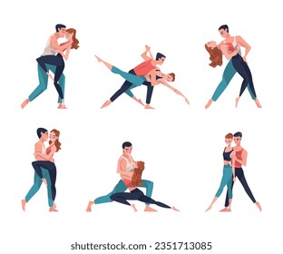 Man and Woman Dancer Moving in Tandem Performing at Choreography Class Vector Illustration Set