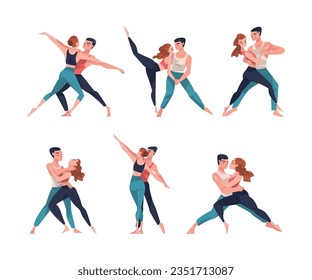 Man and Woman Dancer Moving in Tandem Performing at Choreography Class Vector Illustration Set