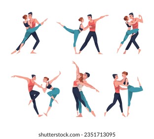 Man and Woman Dancer Moving in Tandem Performing at Choreography Class Vector Illustration Set