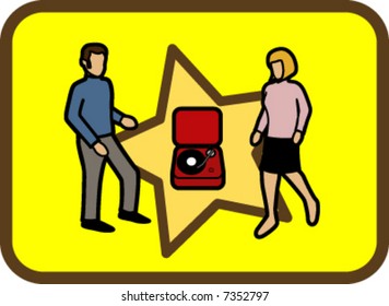 Man and woman dancing around old record player.