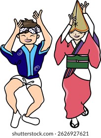 The man and woman are dancing in Awa odori festival.