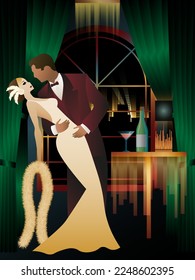 man and woman dancing in the background of the window, party, art deco, couple dressed in retro style