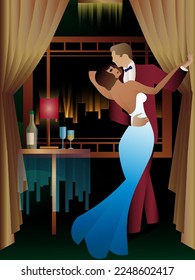 man and woman dancing in the background of the window, party, art deco, couple dressed in retro style