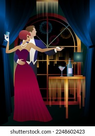 man and woman dancing in the background of the window, party, art deco, couple dressed in retro style