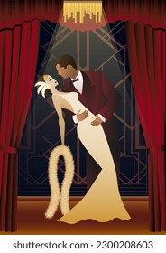 man and woman dancing in the background of the window, party, art deco, couple dressed in retro style