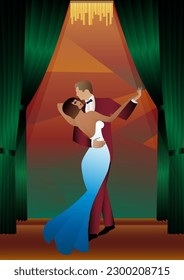 man and woman dancing in the background of the window, party, art deco, couple dressed in retro style